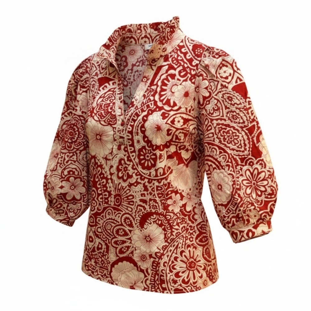 Umgee Blouse Womens Small Red Paisley Floral Ruffle Neck Dainty Boho Peasant Top